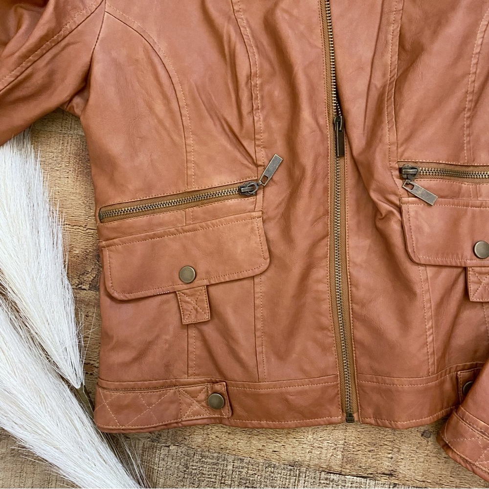 Cognac Quilted Moto Vegan Leather Jacket by BLANC NOIR - Picture 7 of 15